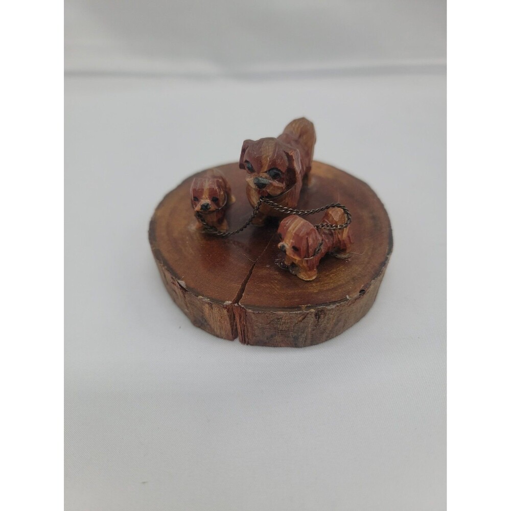 Vintage Handcarved California Redwood Dog Family Figurines Decor